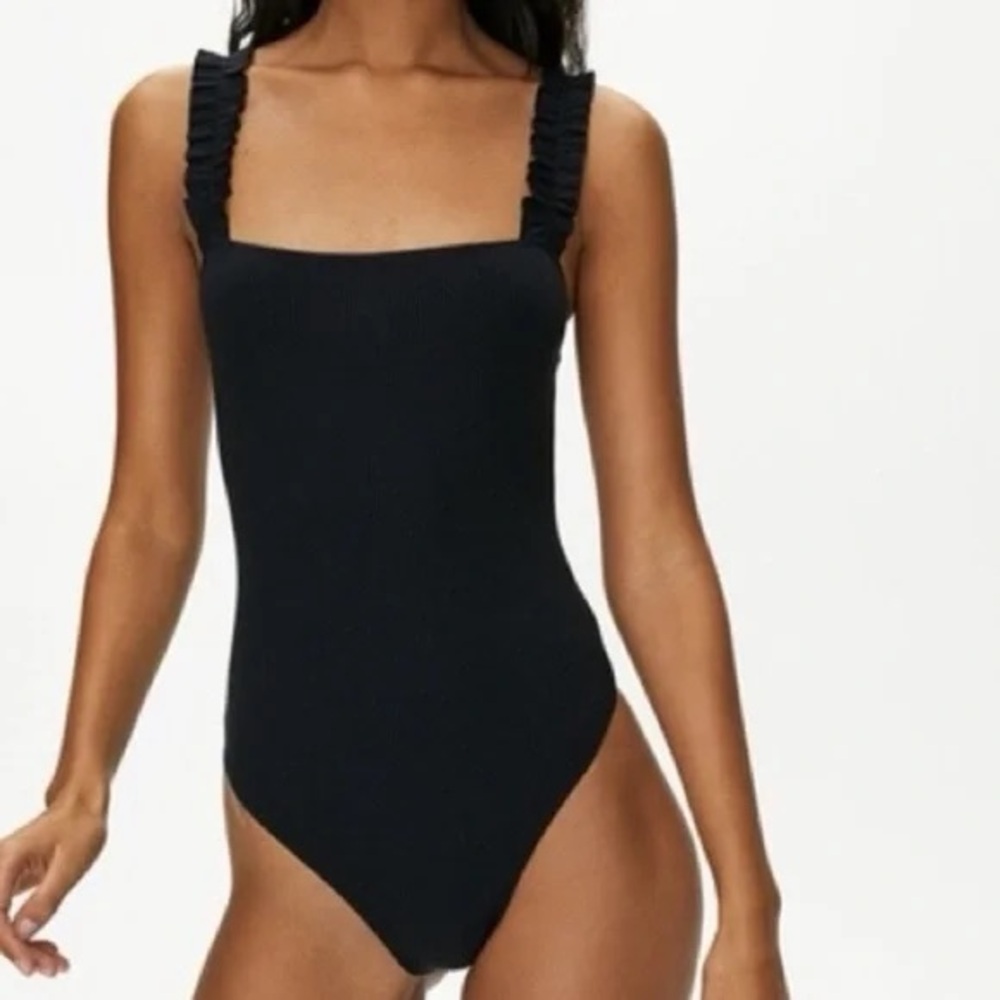 Aritzia black ribbed ruffle strap bodysuit